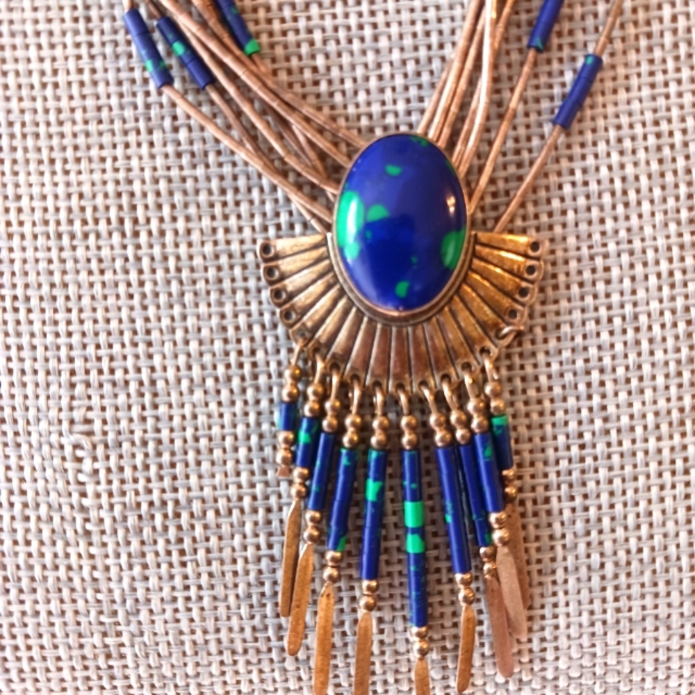 Blue Lapis and Malachite Liquid Silver Native American Silver Necklace